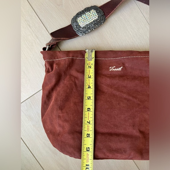 Fossil Brand Brown Canvas Hobo Bag with Leather Strap with Rhinestone Buckle - Picture 3 of 9